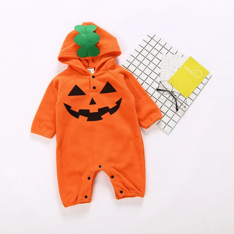 Baby Halloween romper in orange or red, long sleeve cotton pullover, sizes 70cm to 95cm, unisex.