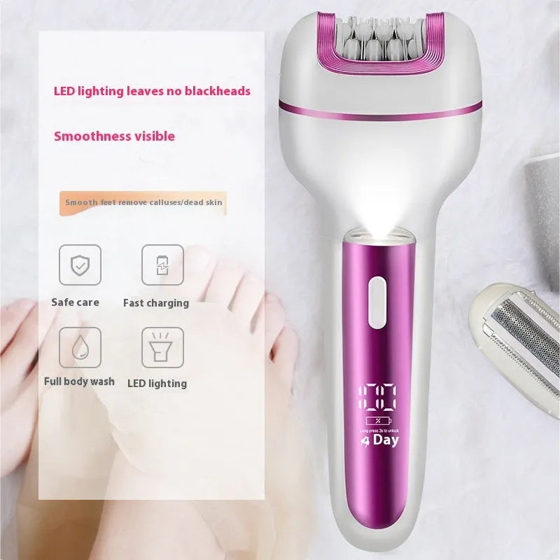 Pink three-in-one ladies electric depilator set with USB cable, shaver head, plucking head, foot grinder, and cleaning brush on a white background