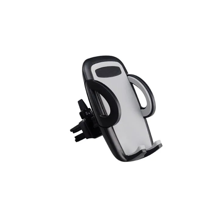 Black plastic universal car phone holder mounted on a car air vent