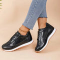 Women's thick-soled casual sneakers in PU leather with square toe design in black, champagne, and silver colours