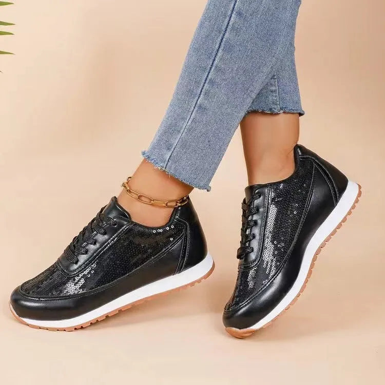 Women's thick-soled casual sneakers in PU leather with square toe design in black, champagne, and silver colours