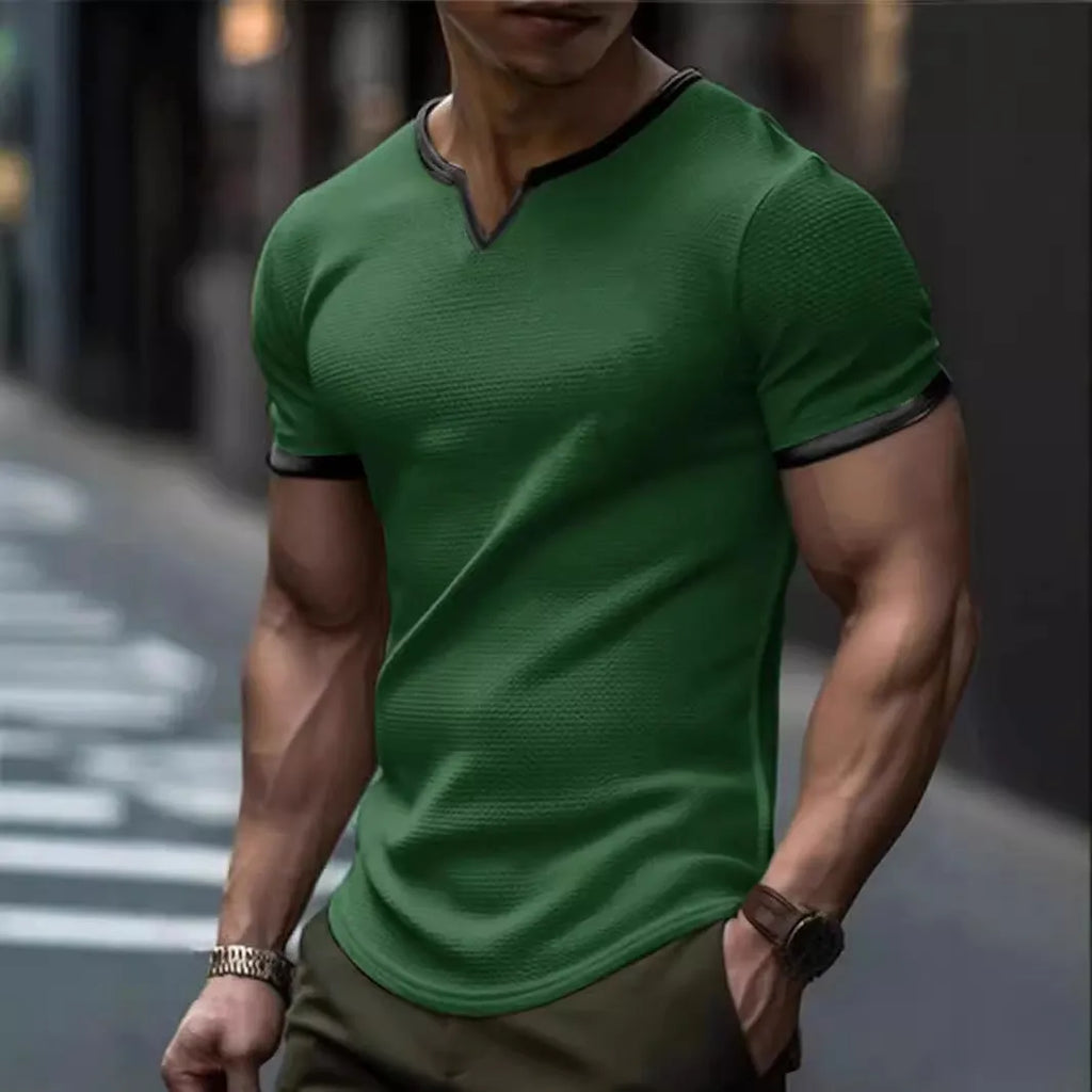 Men's colour-block V-neck outdoor sports T-shirt in waffle fabric on a hanger.