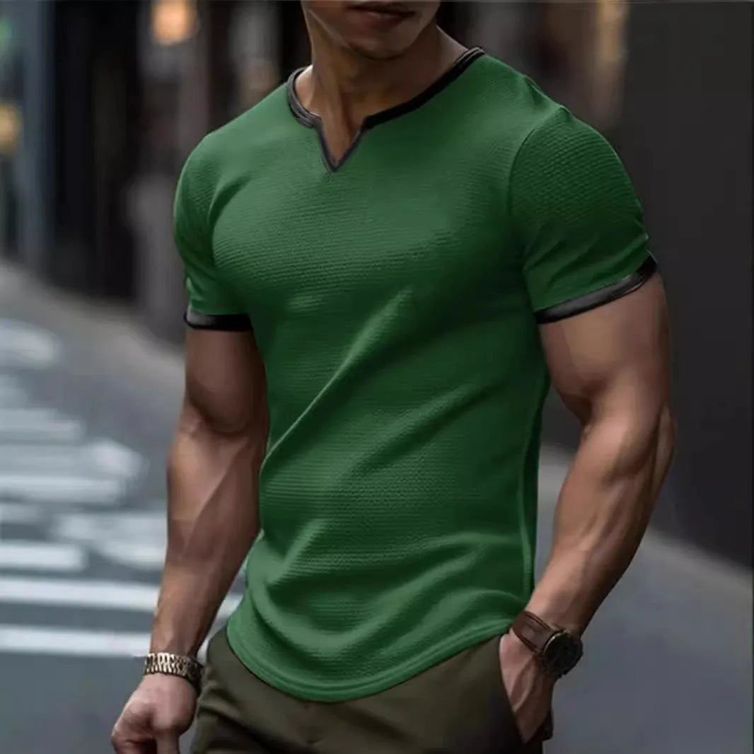 Men's colour-block V-neck outdoor sports T-shirt in waffle fabric on a hanger.