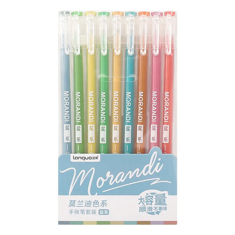 Set of nine solid colour gel pens with 0.5mm needle tips for student notes and journaling