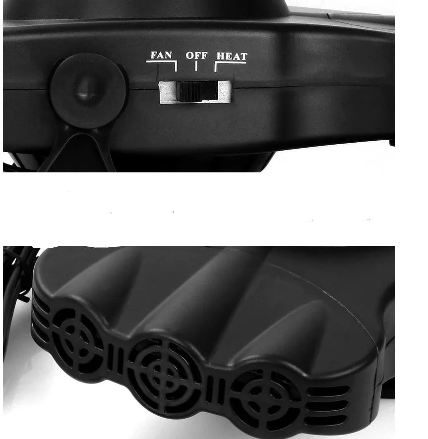 Electric car 12V heater defroster with three air outlets and 180-degree rotating base, black colour
