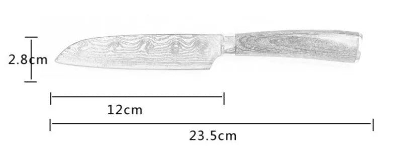 7Cr17 stainless steel kitchen knife with Damascus patterned 18 cm blade and coloured wood handle