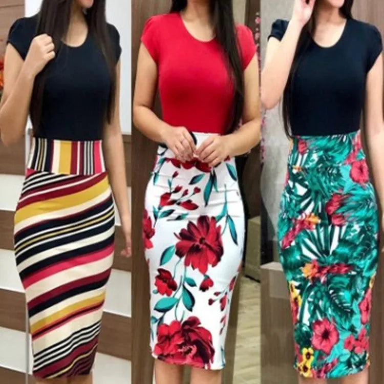 Printed office midi pencil dress in milk silk fabric for women, knee length, slim fit, with colour options