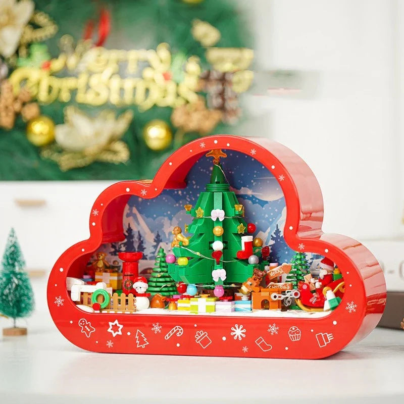 Christmas-themed building block lamp with mirror frame and soft lighting