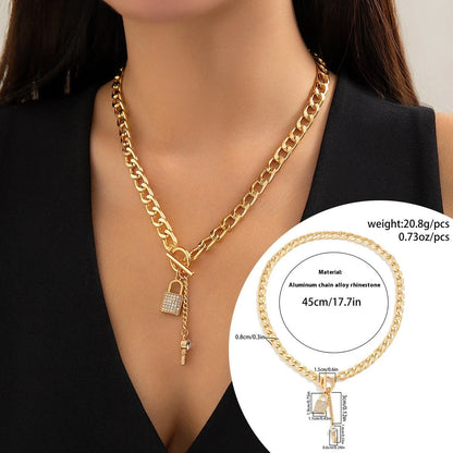 Thick chain necklace and bracelet set with shiny lock and key pendant for women