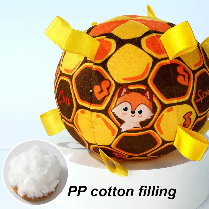 15cm plush dog ball with handle and bells in green, watermelon, or yellow colours