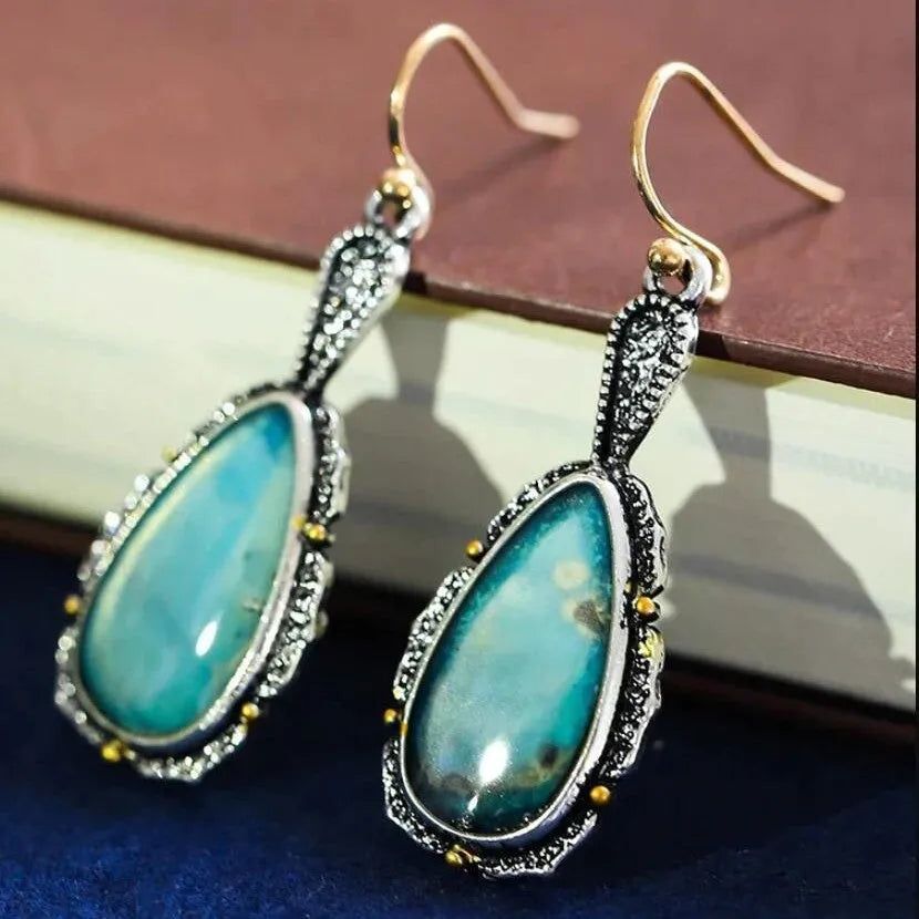Antique silver turquoise vintage drop earrings teardrop petal Maillard style alloy women jewellery