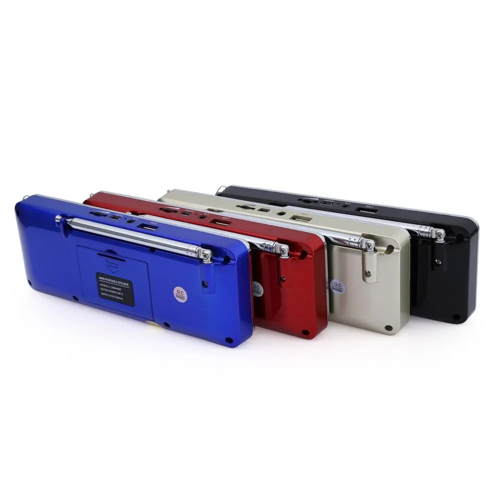 L-288AMBT black portable Bluetooth speaker with LCD display showing radio frequency