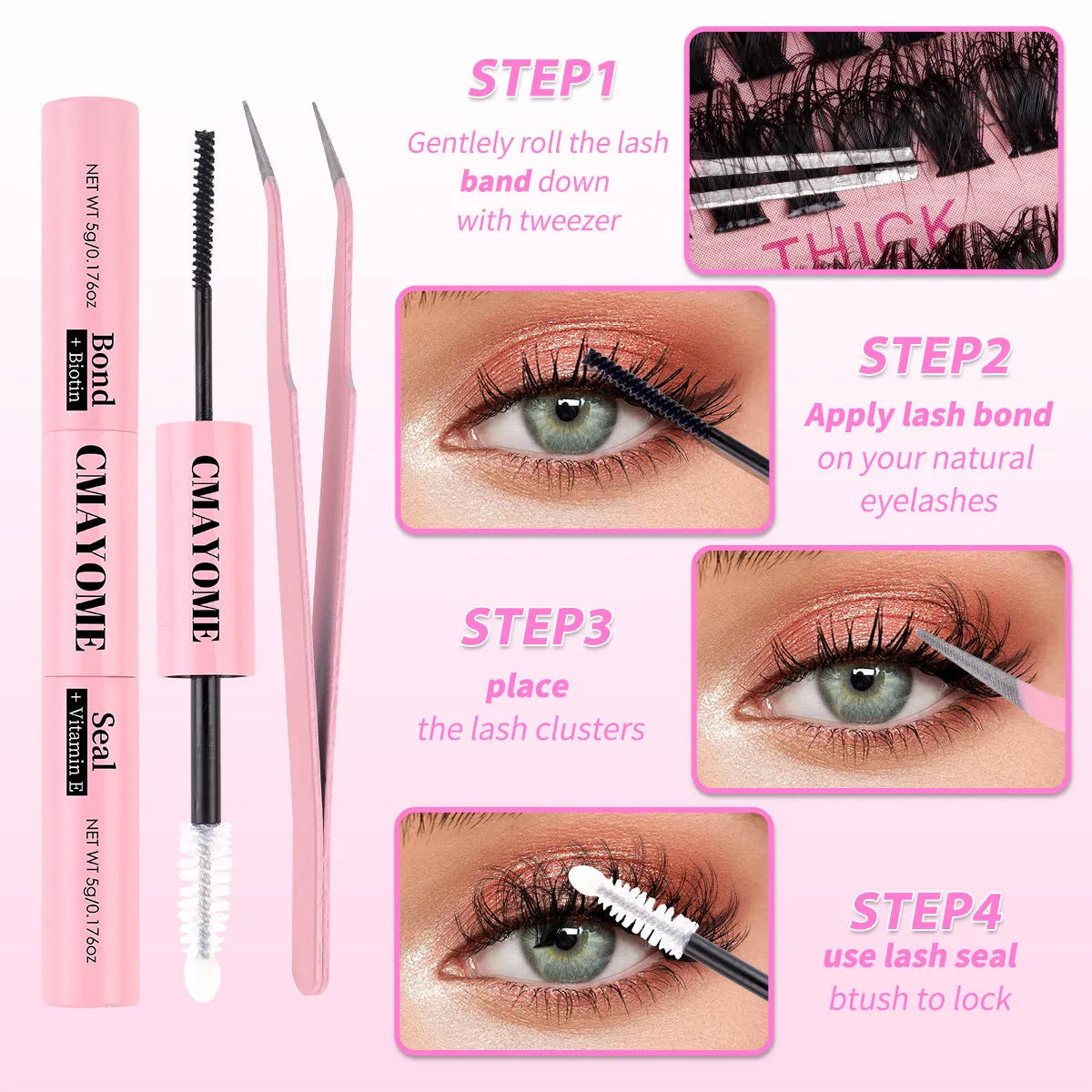 DIY false eyelash extension suit with cluster lashes and tweezers