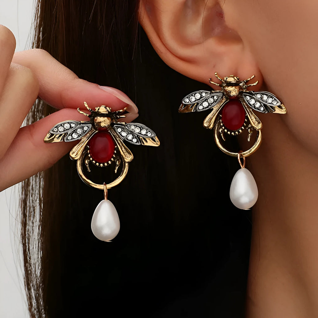 Retro small bee alloy drop earrings for women in gold finish