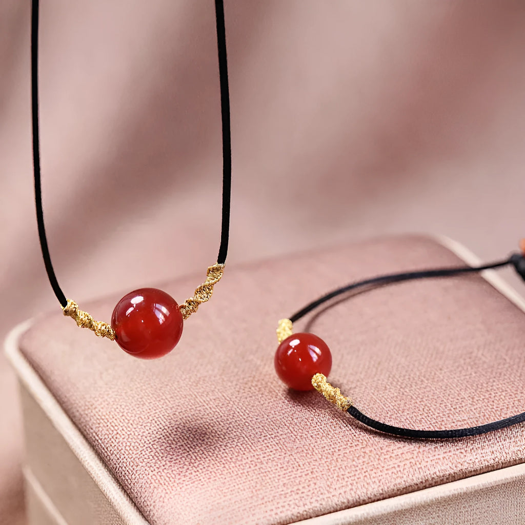 Hand-woven red agate bead bracelet and necklace set for women in national style.