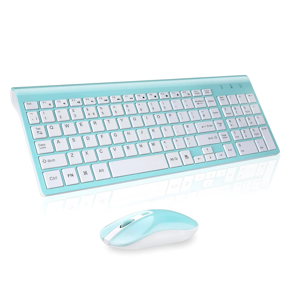Fashion wireless keyboard and mouse set in blue, full-size with numeric keypad and 2.4G nano receiver