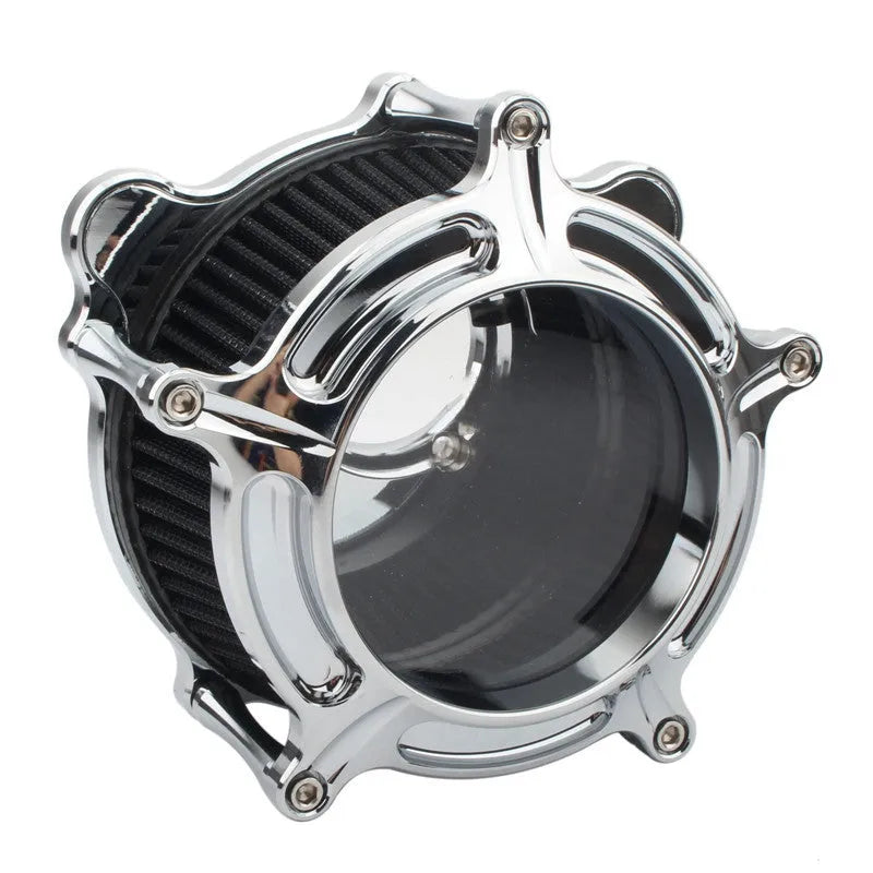 Aluminium air filter housing for car retrofit in various colour options including blue, red, and black.