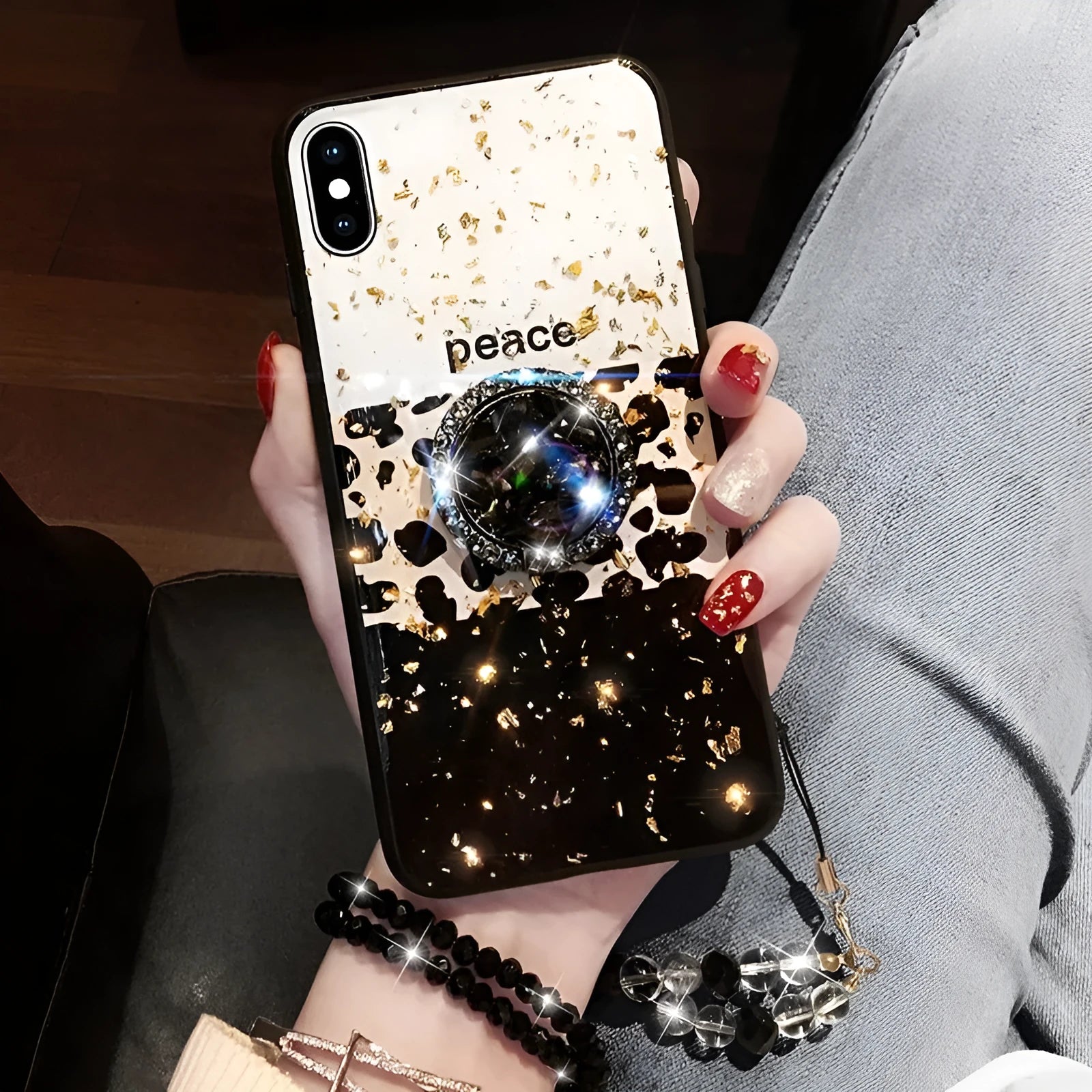 Leopard print pattern TPU back cover case for a mobile phone on a table.