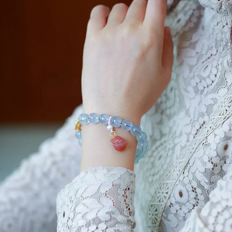 Chinese style DIY bracelet kit with aquamarine beads, pearl elements and Fengjiu design for jewellery making