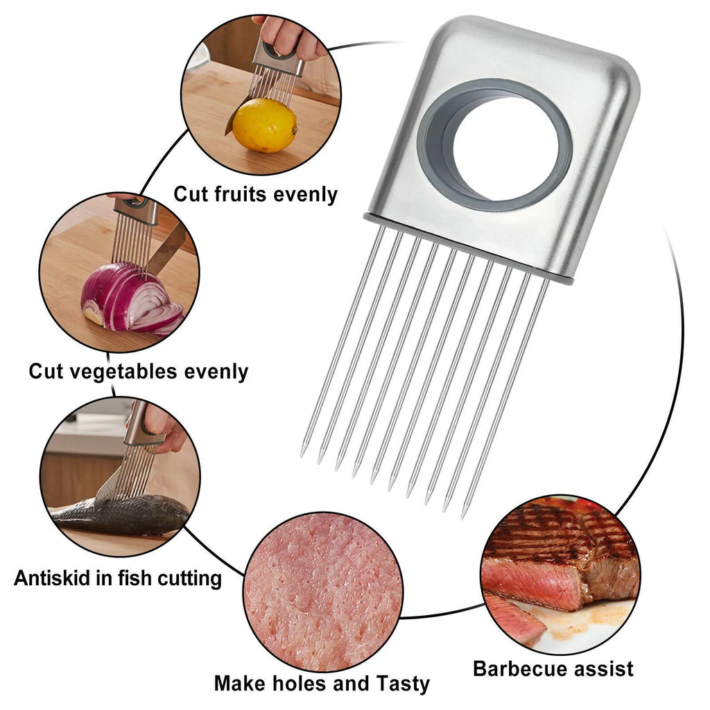 Stainless steel onion holder with prongs and finger guard for slicing vegetables