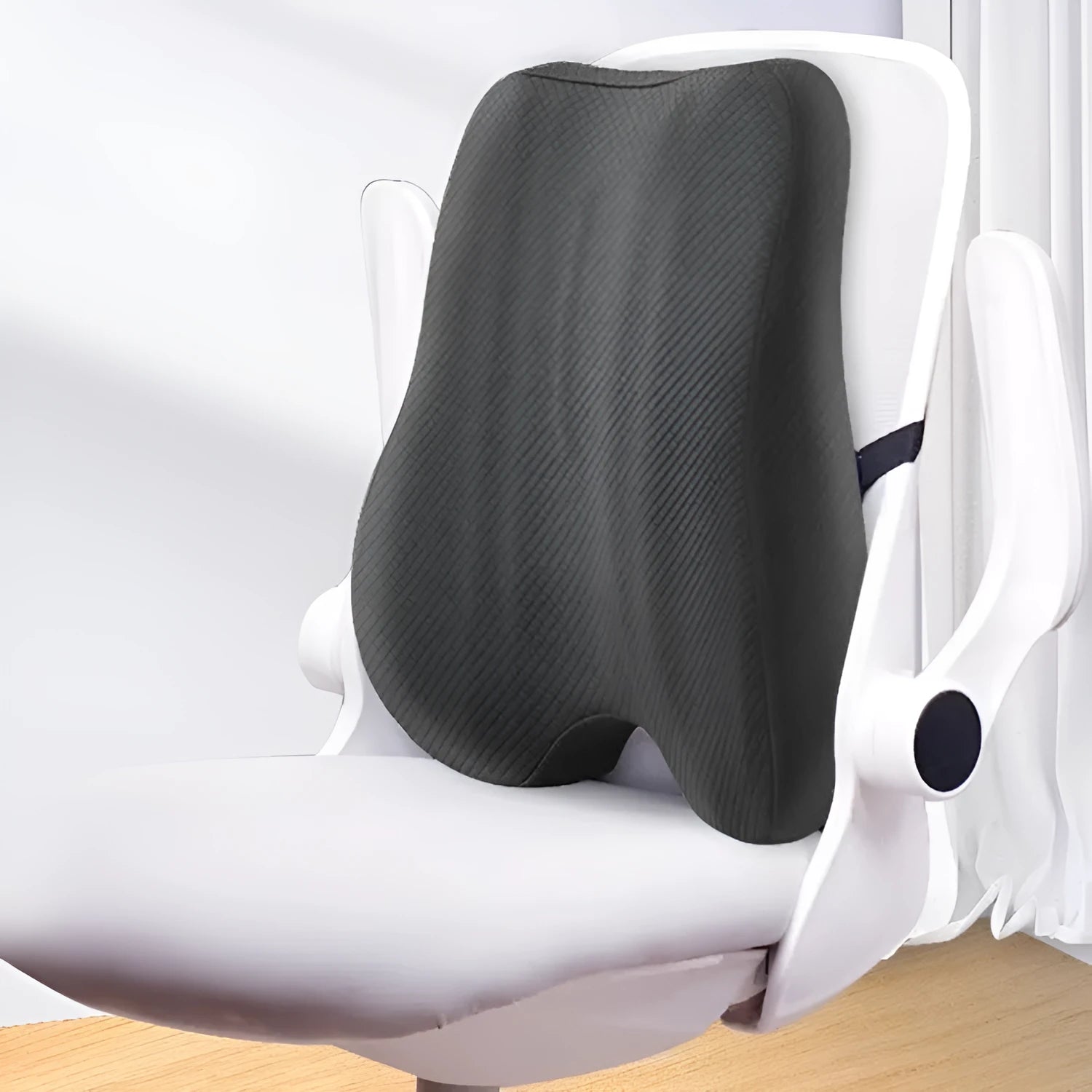 Grey lumbar support pillow for office chairs measuring 40x40x8cm with contoured design