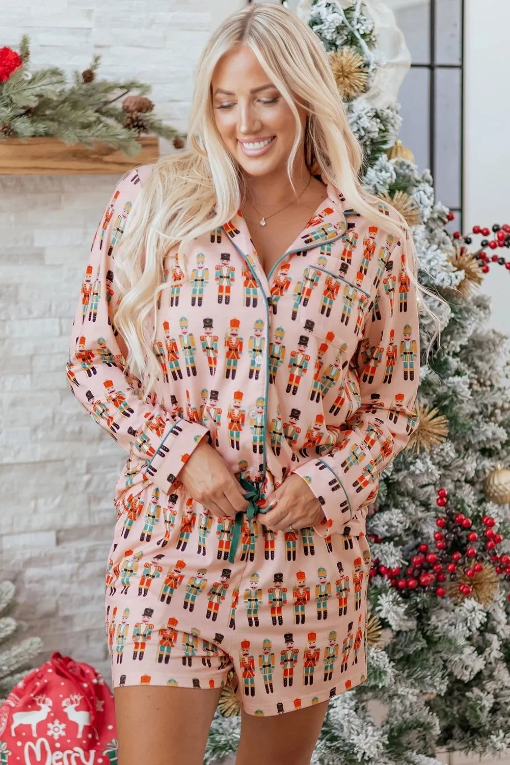 Women's pink printed pyjama set with long-sleeved top and shorts, polyester, sizes S to XL
