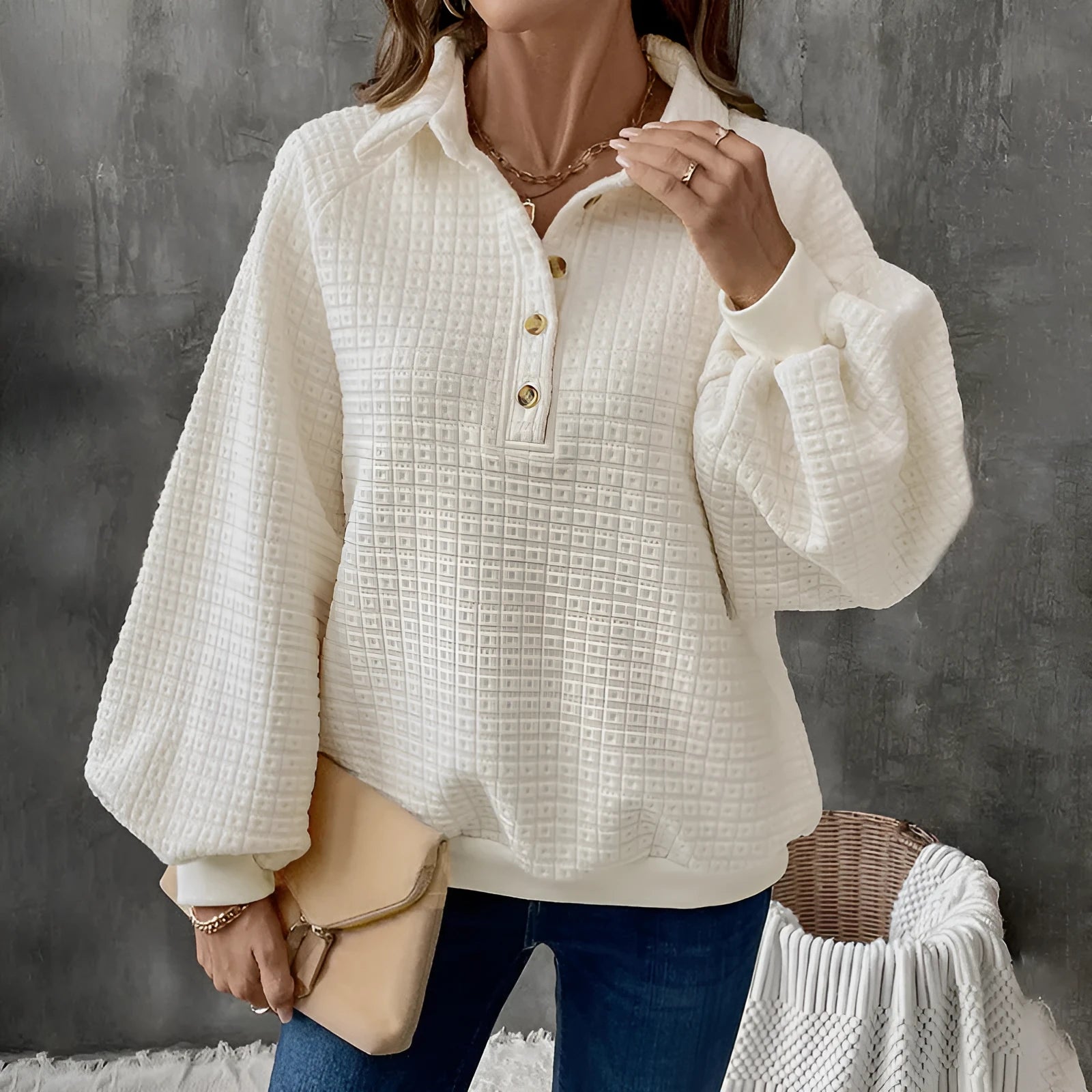 Women's milky white polo collar polyester sweater with long sleeves