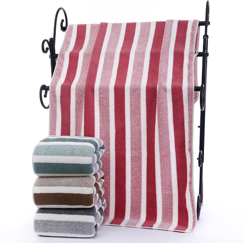 Coral fleece towel with wide stripe dark light pattern in multiple colours