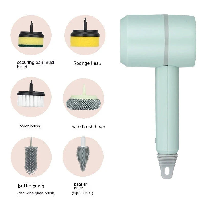 Cordless rechargeable electric cleaning brush with interchangeable brush heads for cleaning kitchen, bathtub, and tile surfaces