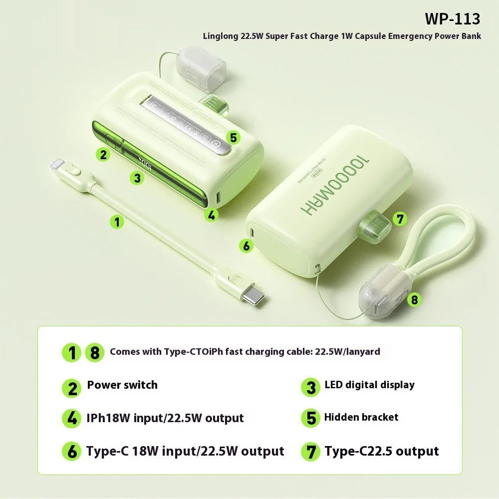 Portable mini capsule power bank in beige 10000mAh with compact ABS shell and creative design