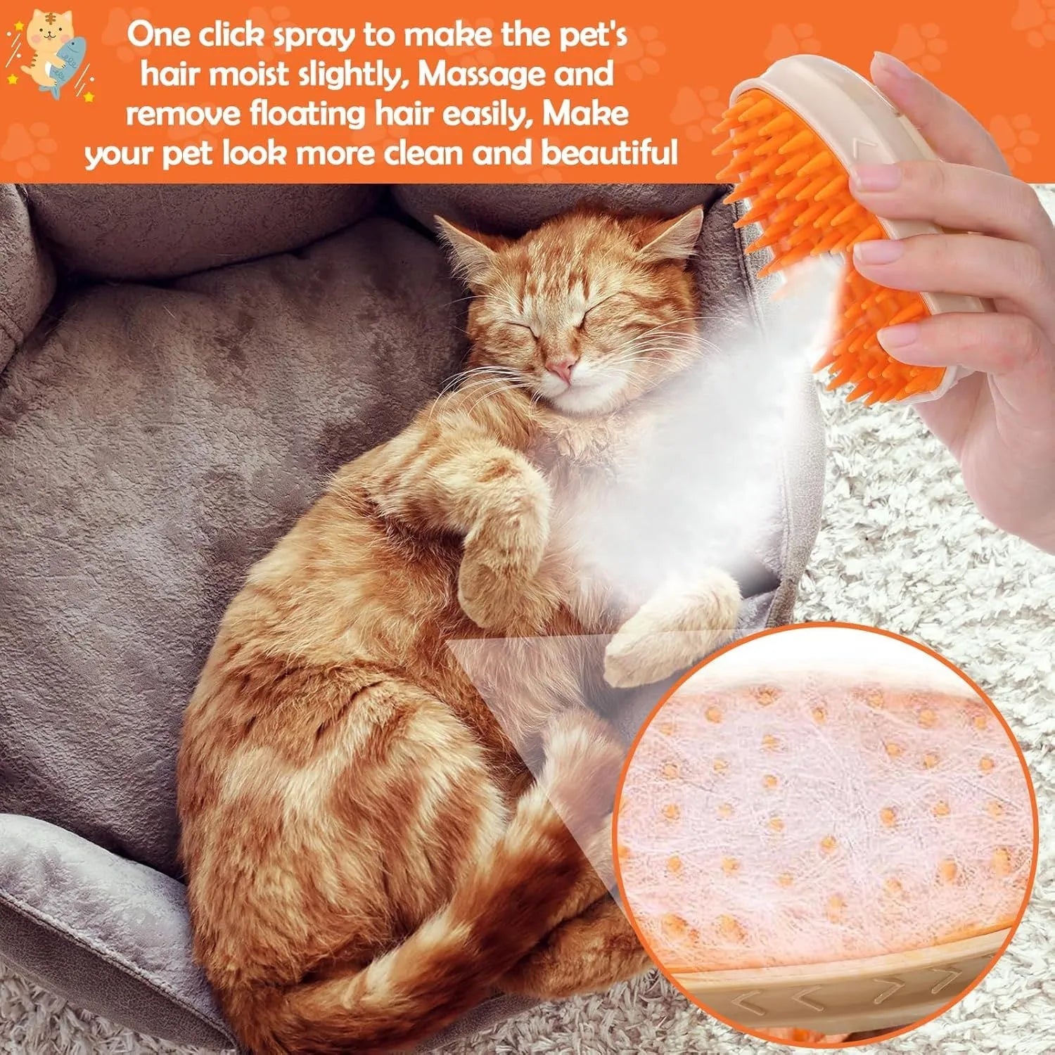 Yellow 4-in-1 cat steam brush with silicone bristles, water tank, and UV lamp for grooming and ringworm detection.