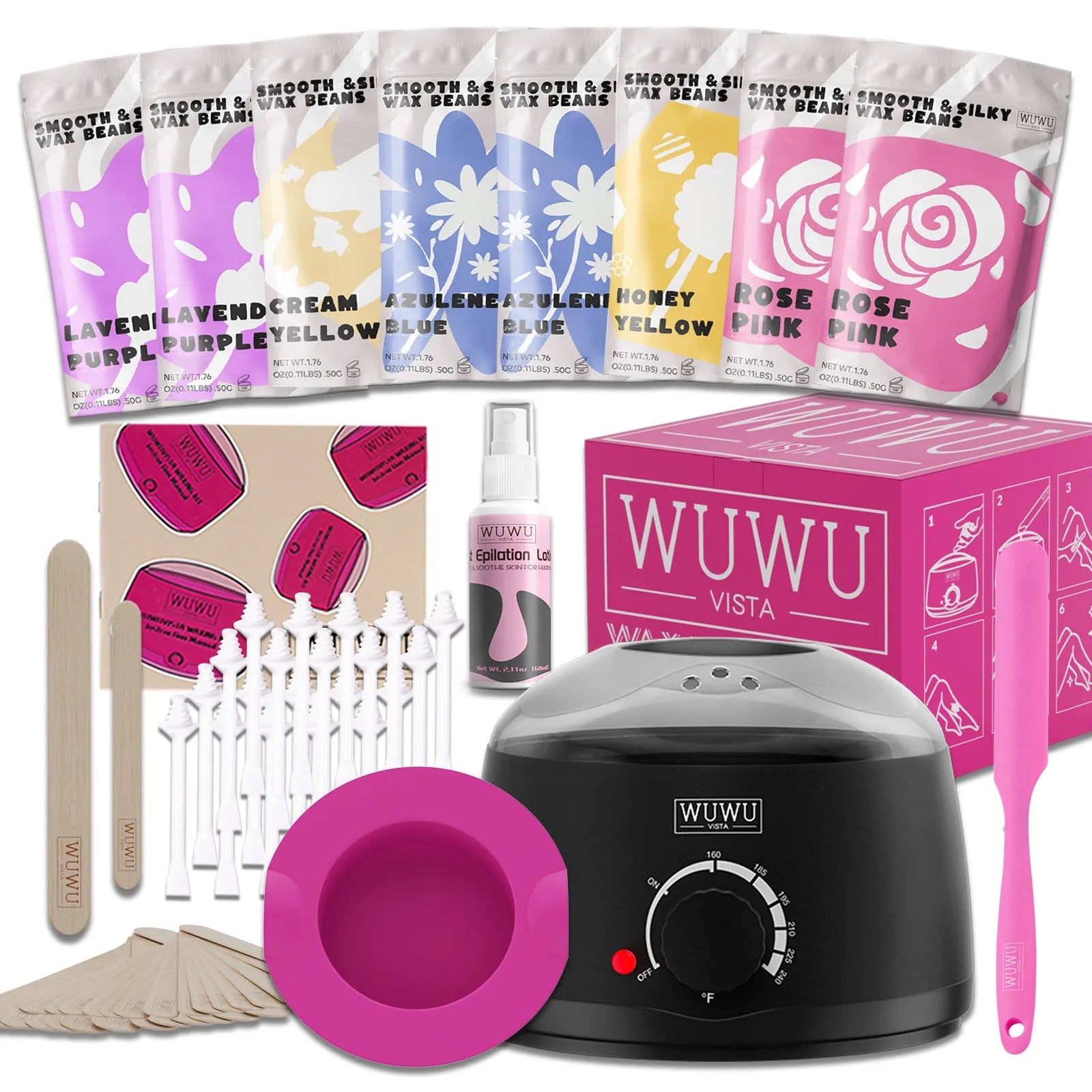 Waxing kit with wax warmer, wax beans, applicator sticks, and lotion for facial and body hair removal