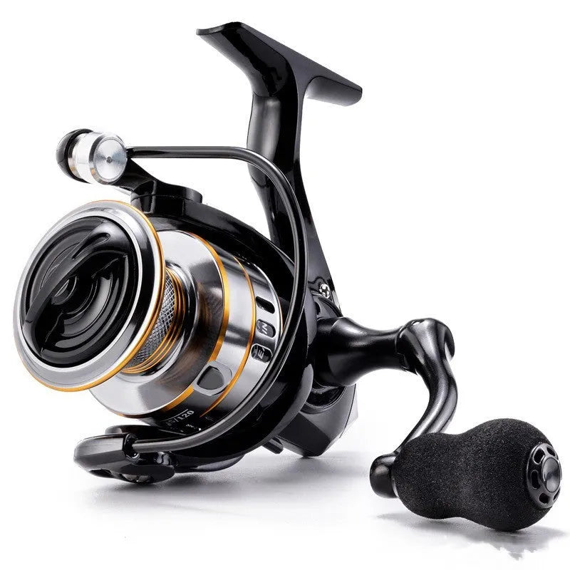 All-metal spinning fishing reel with EVA grip handle, shown in silver finish