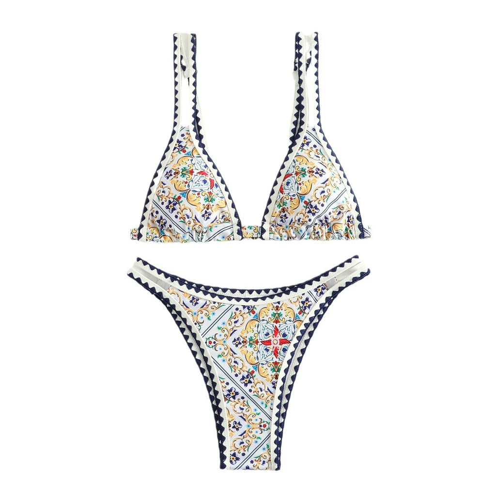 Women's floral print bikini swimsuit set with top and briefs, backless design.