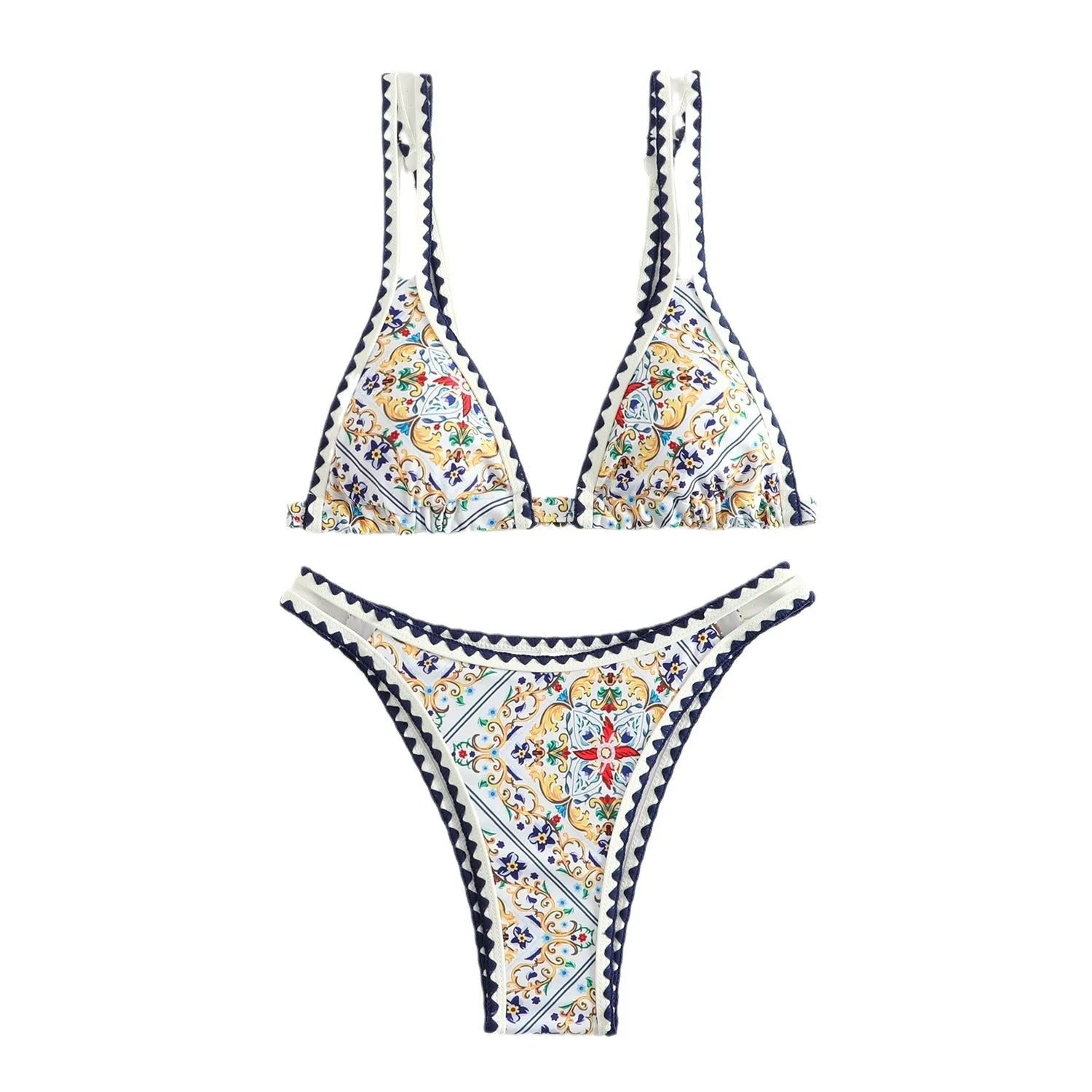Women's floral print bikini swimsuit set with top and briefs, backless design.