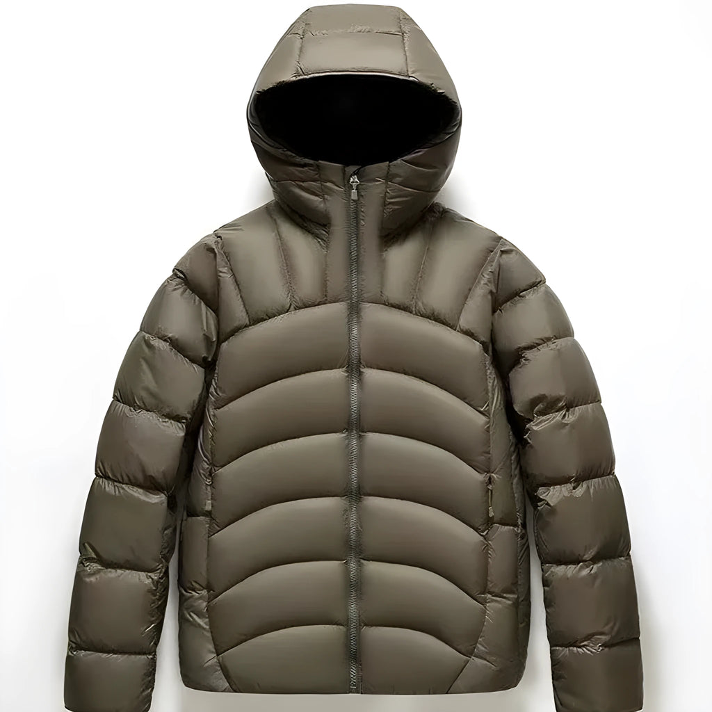 Unisex hooded down jacket in solid colour with 86-90% down fill, shown in five colour options and sizes S to 4XL