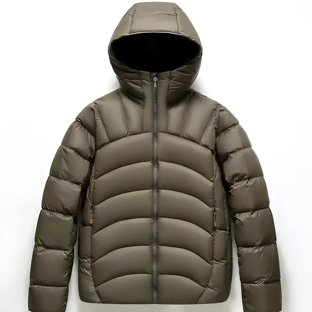 Unisex hooded down jacket in solid colour with 86-90% down fill, shown in five colour options and sizes S to 4XL