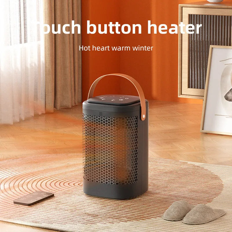 Black portable electric heater and air cooler with digital touch screen display and remote control.