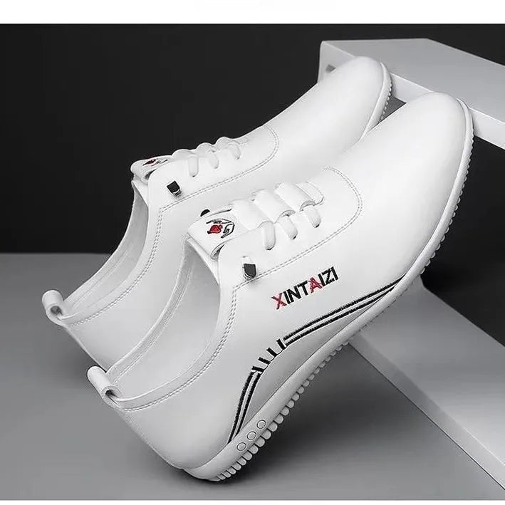 Breathable lightweight casual flat shoes in 1108 White with striped synthetic leather upper and round toe