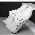 Breathable lightweight casual flat shoes in 1108 White with striped synthetic leather upper and round toe