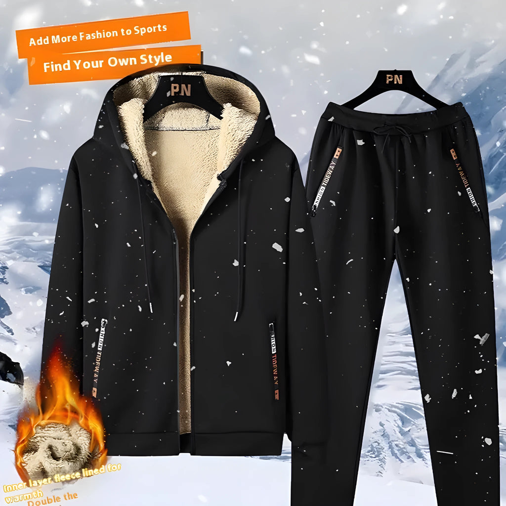 Men's black plus size suit set with long-sleeve coat and trousers, polyester fabric, wool lining