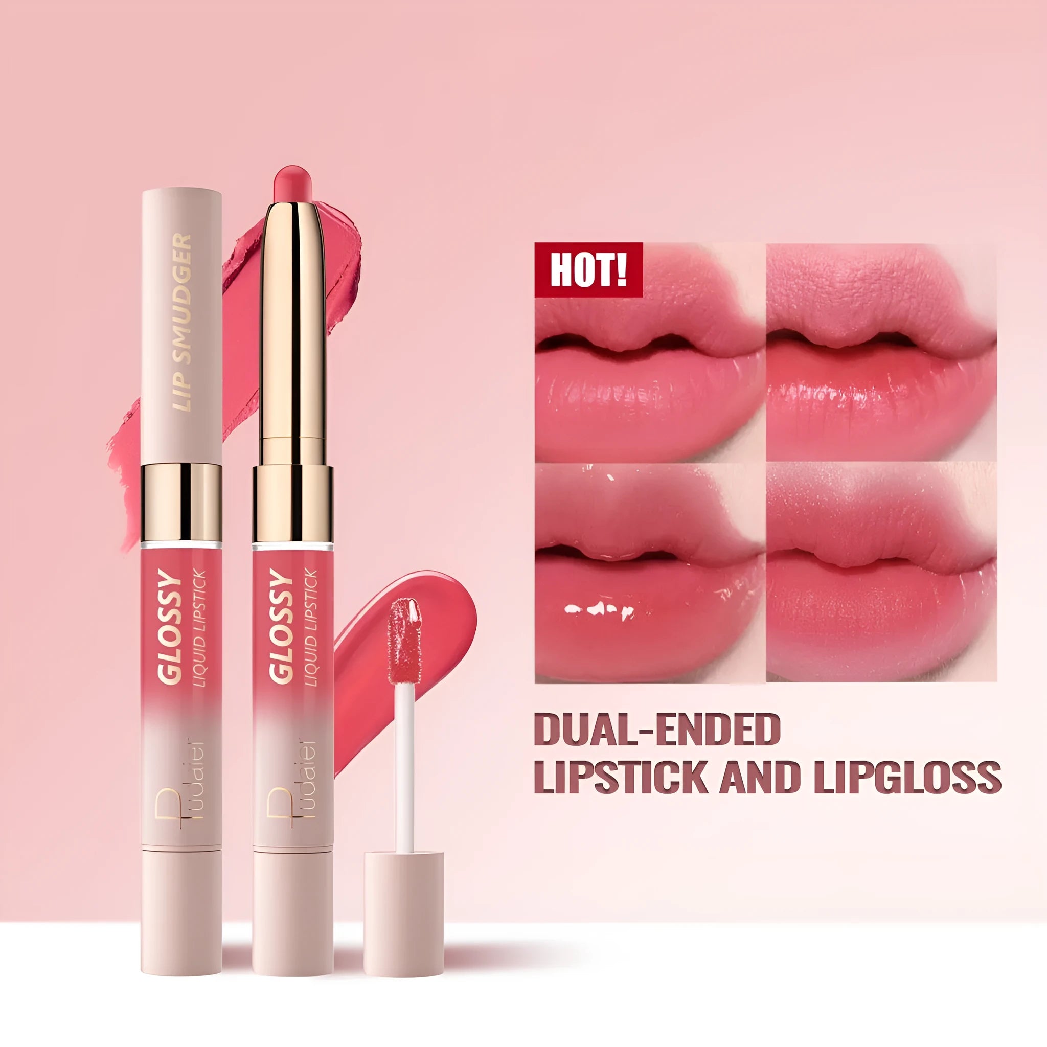 Double-headed lipstick with matte and glossy ends in ten colour options