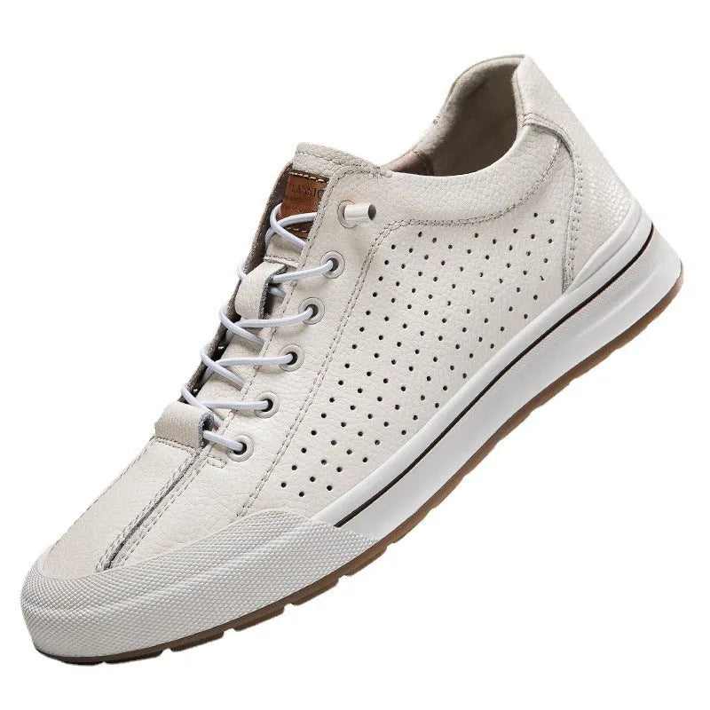 Men's white matte leather casual shoes with flat heel and round toe design