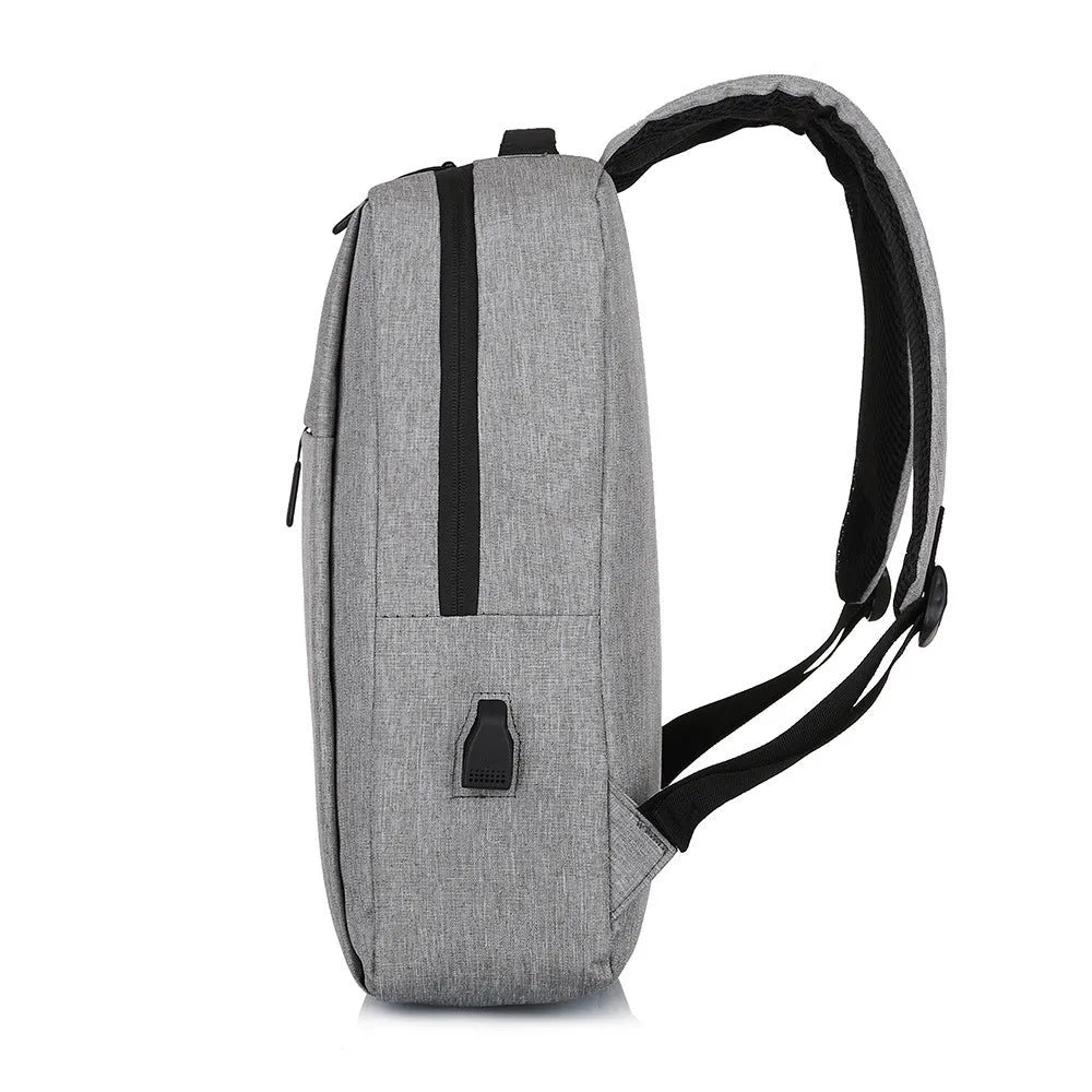 Black sports backpack with USB charging port showing curved shoulder straps and organisational compartments