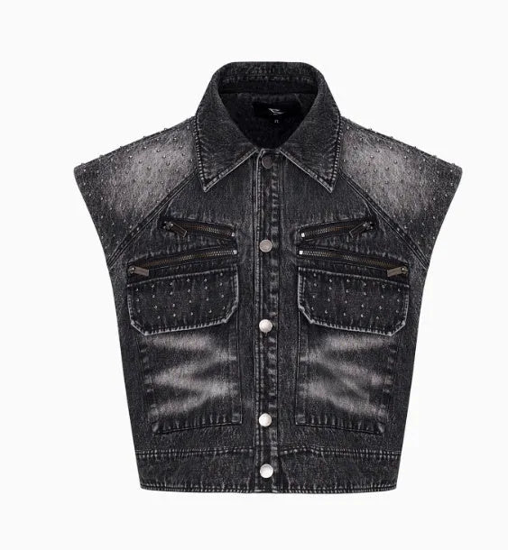 Black and grey washed denim wide leg trousers with structural zipper detail and matching vest, laid flat.