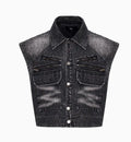 Black and grey washed denim wide leg trousers with structural zipper detail and matching vest, laid flat.
