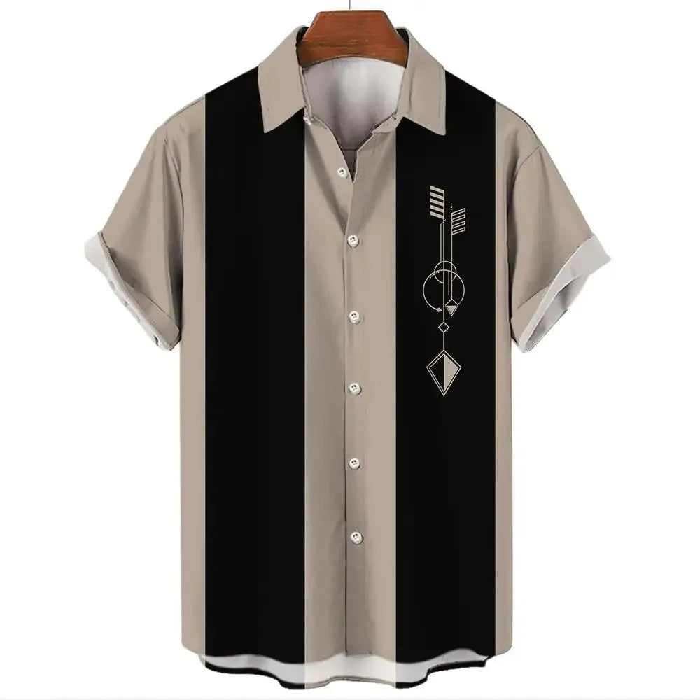 Men's striped Hawaiian casual short sleeve shirt in polyester fabric on a hanger