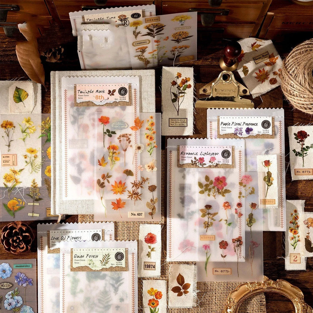 A5 forest art sticker set showing six colour designs on cotton linen transfer paper
