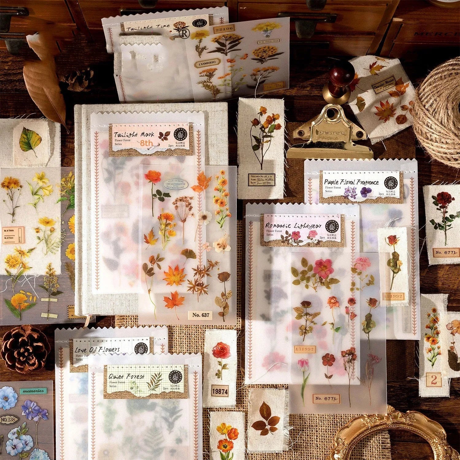 A5 forest art sticker set showing six colour designs on cotton linen transfer paper