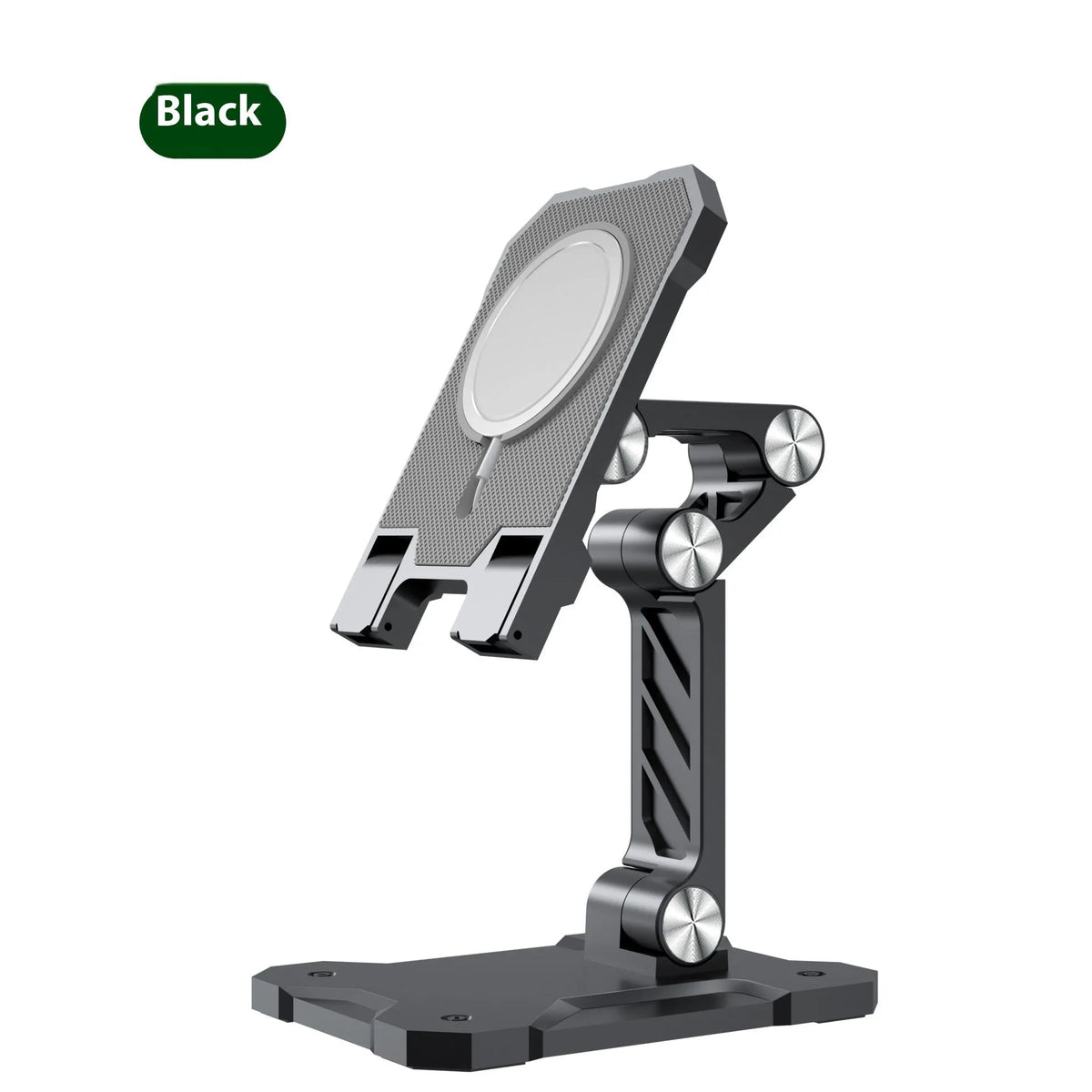 Universal metal folding phone holder in black, white or green with 360 rotating bracket for desktop, car or computer